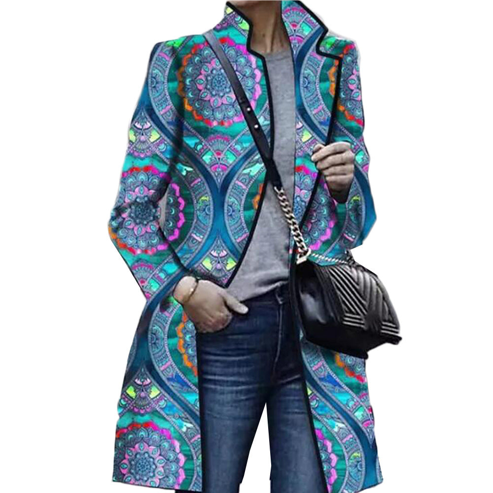 Blue ring-print trench coat – styled look
