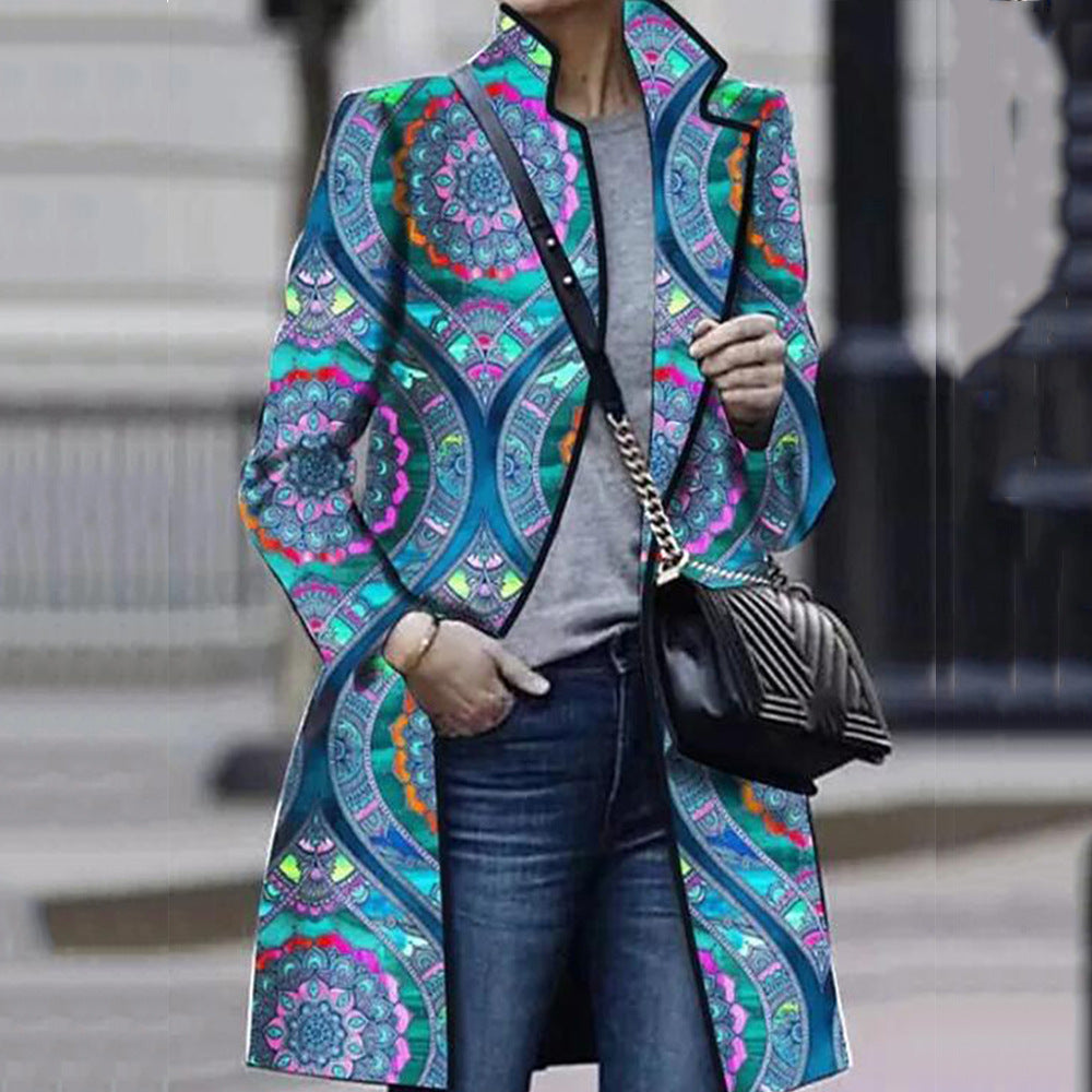 Blue ring-print trench coat – print and fabric detail
