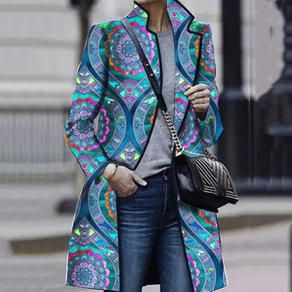 Blue ring-print trench coat – print and fabric detail