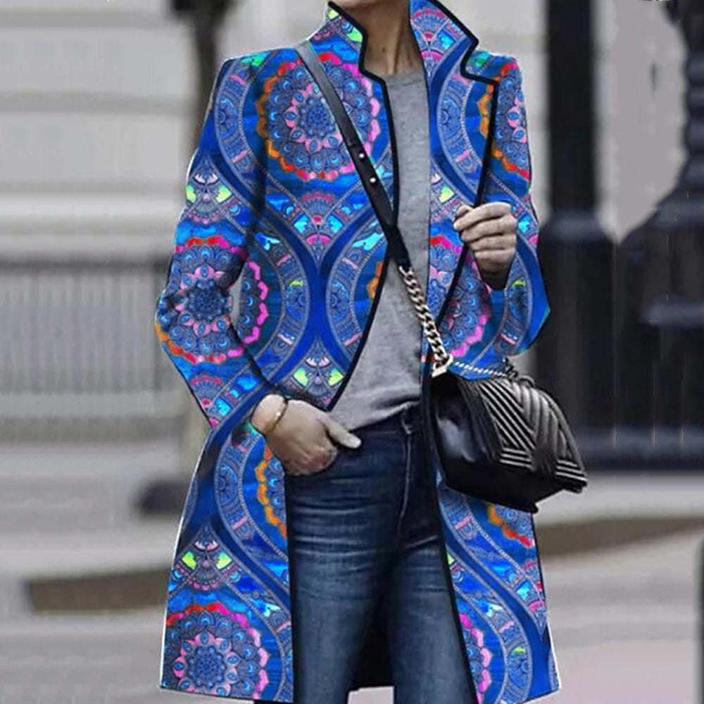 Blue ring-print mid-length trench coat for women – front view